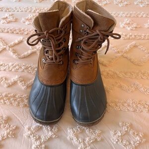 Sorel Womens Brown Leather Rubber Fancy Lace ll Winter Rain Snow Boots Sz 10.5